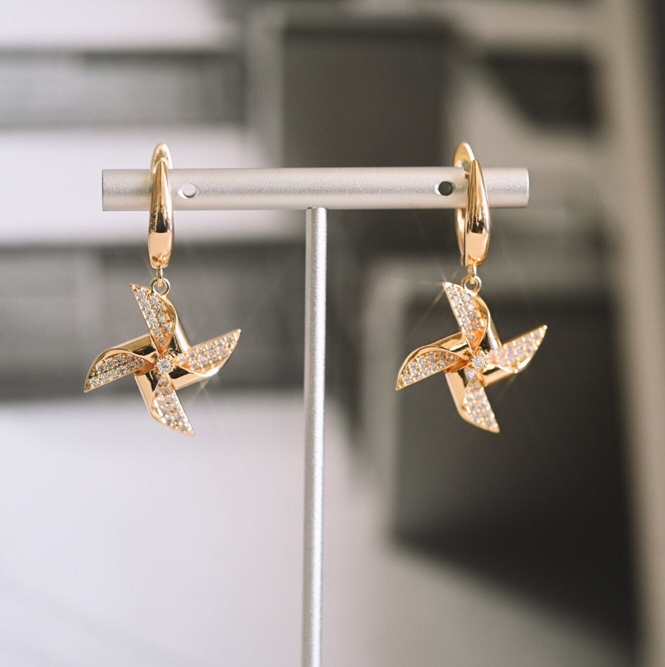 4pcs Gold Windmill Dangle Earrings: 18K Gold Plated Brass, CZ Pave Earring (ER-068)
